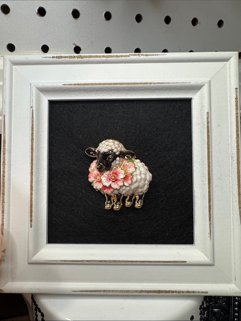 White Sheep Framed Wall Plaque with Pink Floral Wreath